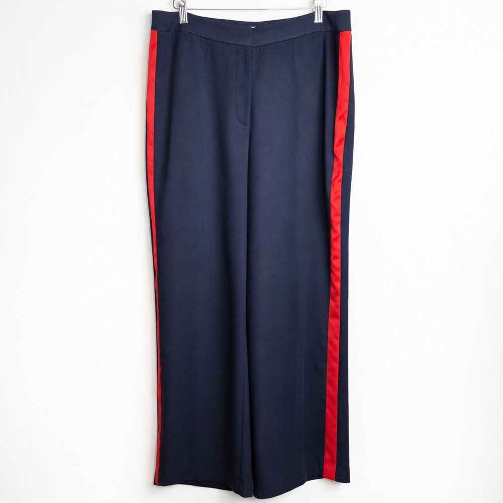 Boden Navy Wide-Leg Trousers with Red Side Stripes